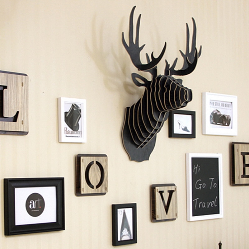 3D cabeza de ciervo decoración de pared de madera DIY Animal arte alce modelo hogar pared colgante decoración soportes de almacenamiento showpiece Decor