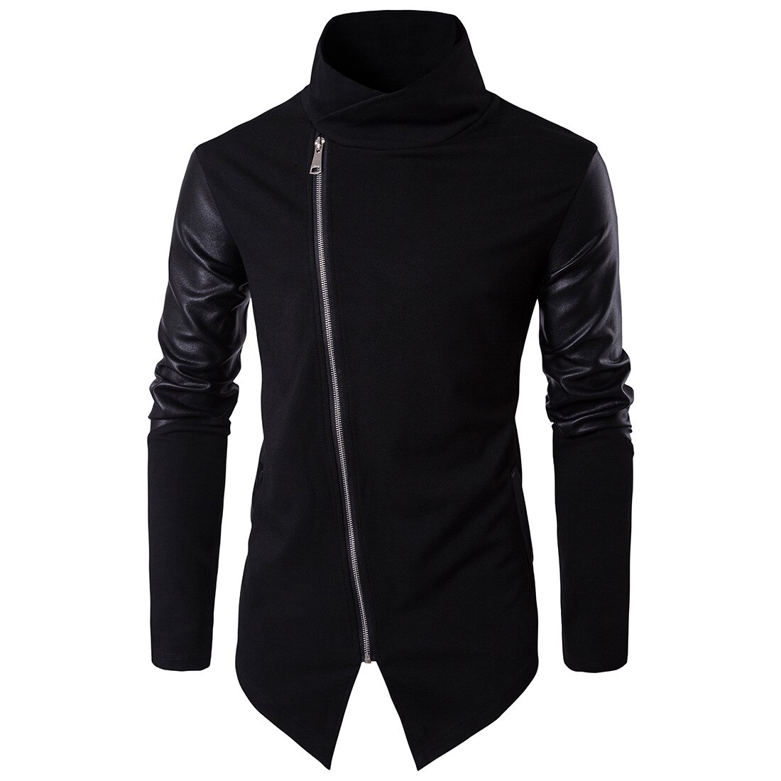 Chaquetas de cuello alto de retales para hombre, abrigo de de cuero negro, abrigo Punk de Motor, talla grande europea, primavera y otoño: XXL