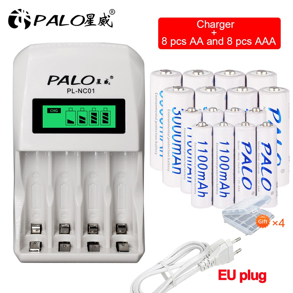 Palo 1.2v aa nabíjateľná batéria  + 1.2v aaa nabíjacie batérie s inteligentnou aa nabíjačkou batérií pre 1.2v ni-mh aa aaa batérie: 8aa 8 aaa 1 nabíjačka