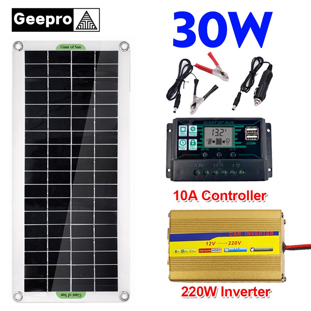 30W Solar Panel Kit Complete Battery Charger 220W Inverter 10A Controller USB 220V Solar Power System for Home Grid Camp Phone