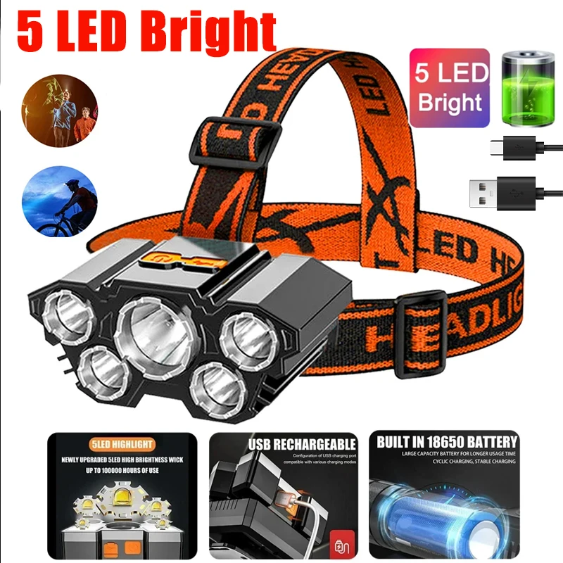 Linterna frontal de luz fuerte 5LED, linterna para cabeza de pesca recargable por USB, linterna para acampar y ciclismo, lámpara de mina montada en la cabeza