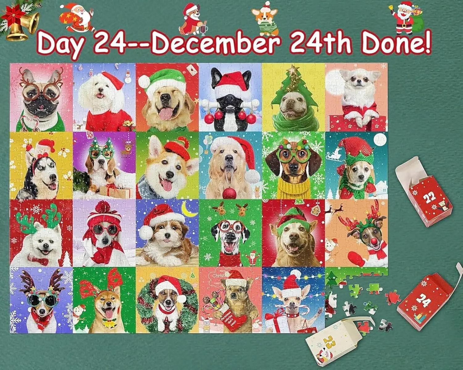 Advent Christmas Puzzles Cute Puppy Dogs for Kids Boys Girls 24 Days Countdown Calendar Jigsaw 1008 Pieces Xmas