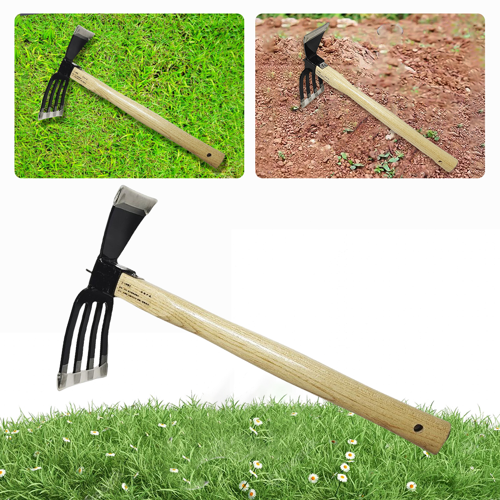 Garden Rake Cultivator with Wooden Handle Dual-purpose Hoe Mini Hoe and Cultivator for Digging Weeding Gardening and Cultivating
