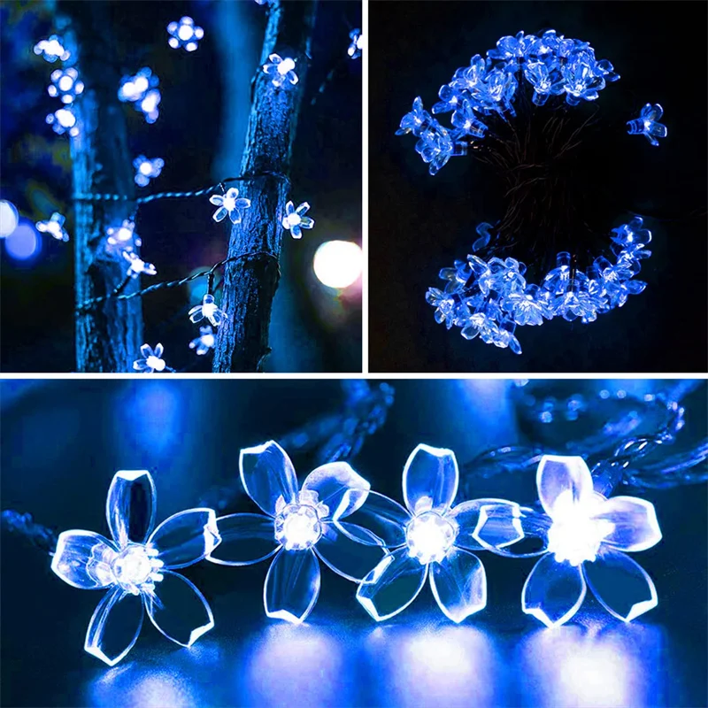 Luces solares de cereza para jardín, guirnaldas de flores solares para exteriores, luces de cadena, lámpara Solar impermeable para decoración navideña para exteriores