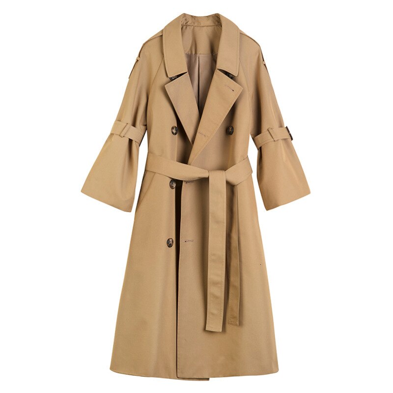 Lanmrem herfst trenchcoat dames turn-down kraag flare mouwen taille riemen windjack dames los  ef40000m twee kleuren: Kaki hoorn mouw / Xl