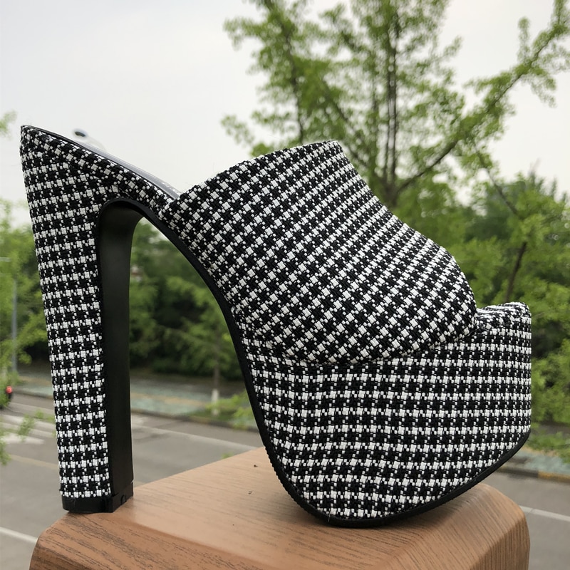 Plaid Mode 15Cm Hoge Hakken Zomer Vrouwen Schoenen Hoge Hak Platform Slingback Sandaal Zomer Schoenen Vrouw Blok Hak
