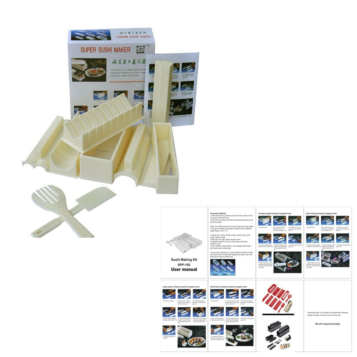 3/10/11Pcs/Set Sushi Maker Equipment Kit,Japanese Rice Ball Cake Roll Mold Sushi Multifunctional Mould Making Sushi Tools: 10Pcs-White