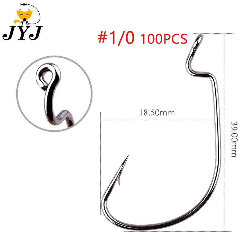 JYJ 100 pièces beaucoup d'hameçon de pêche offset, # 5/0 # 1/0 # 1 ... # 8 toutes tailles d'acier à haute teneur en carbone pour appâts à ver souple avec de grands yeux: Gris clair