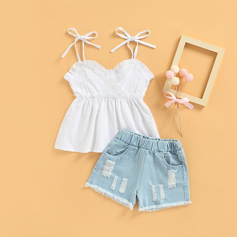 1-6Y Fashion Toddler Baby Girls Summer Clothes Sets Solid Sleeveless Ruffle Tops Ripped Denim Shorts 2pcs Kid Outfit