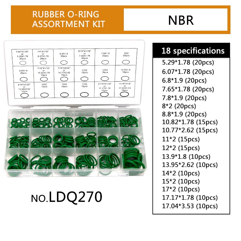 Nbr Rubber Spare Afdichting O-Ringen Paars Groen Pakking Assortiment Set Vervanging Afdichting Kits 18 Maten Beschikbaar 270 Stks/set: LDQ270 x2
