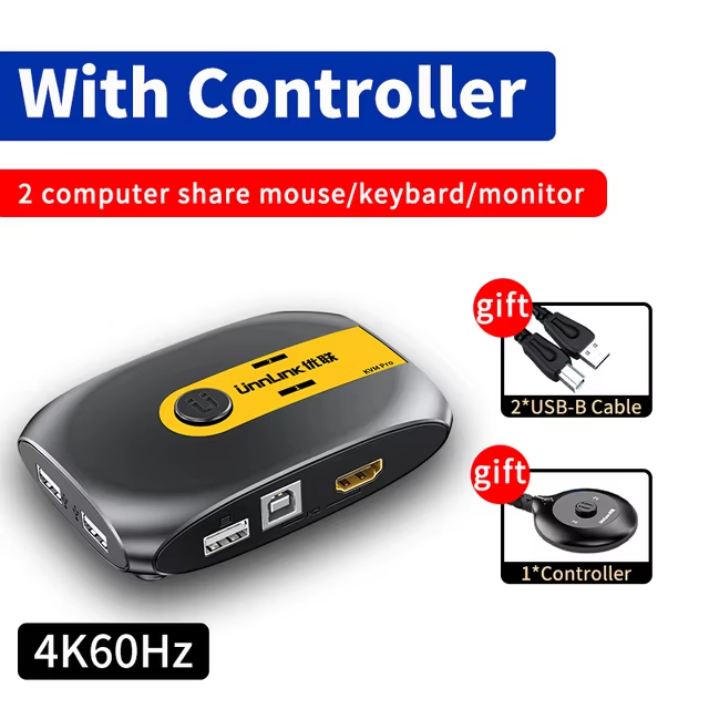 Unnlink HDMI-Compatible KVM Switch Video Switcher With Extender 2 laptop Share 1 Monitor 4USB for Mouse Keyboard Printer Adapter: black