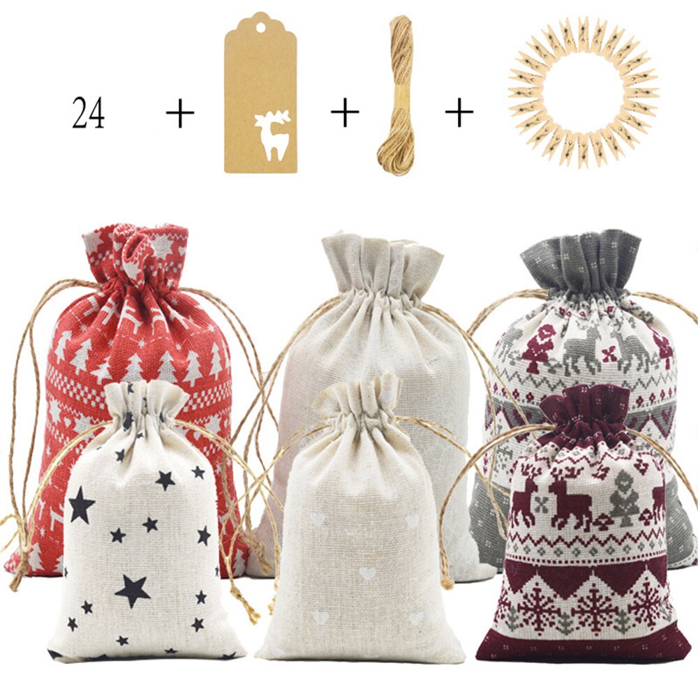 Christmas DIY Advent Calendar Countdown 1-24 Numbers Bag Candy Storage Kraft Paper Cards Linen Rope Drawstring Pouch Bags