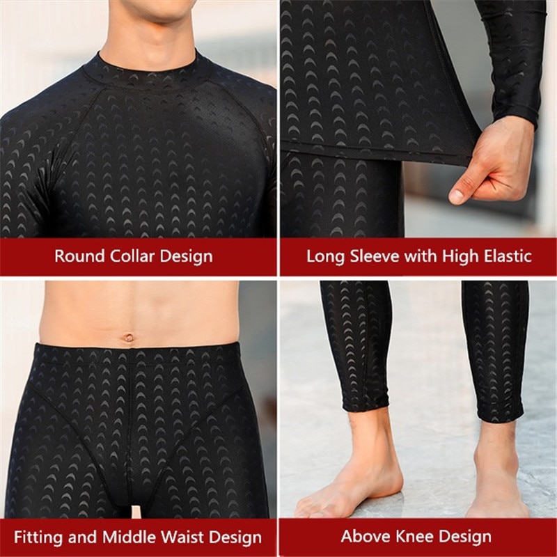 Trajes de baño para hombre, ropa de playa para surfear, buceo, Material similar a la piel de tiburón, Tops de manga larga, pantalones por encima de la rodilla, alta elasticidad, secado rápido