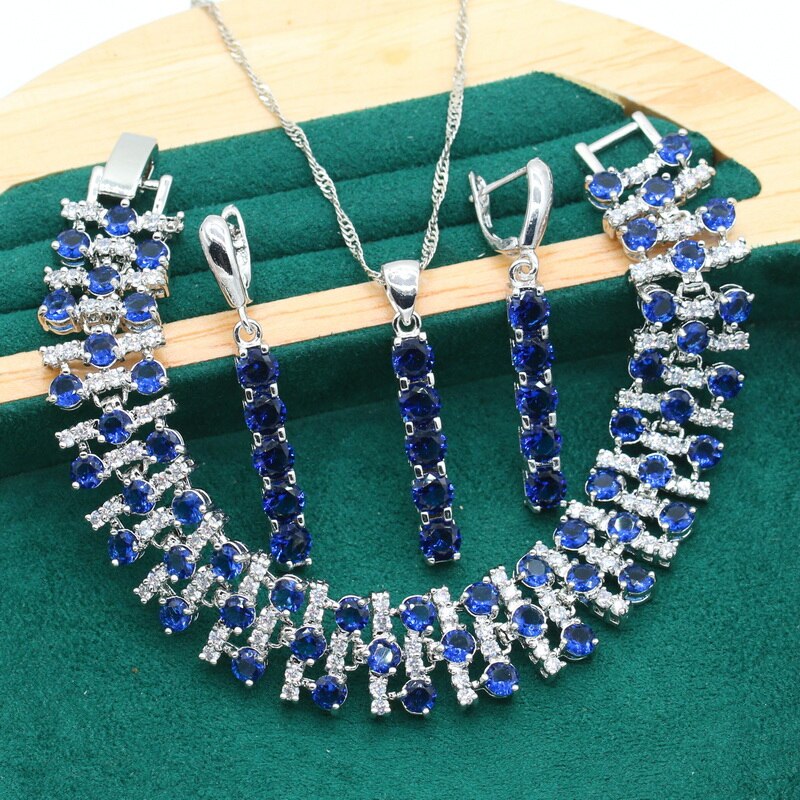 Dubai Bruiloft Zilveren Kleur Sieraden Set Voor Vrouwen Royal Blue Zirkoon Armband Lange Oorbellen Ketting Hanger Christmas