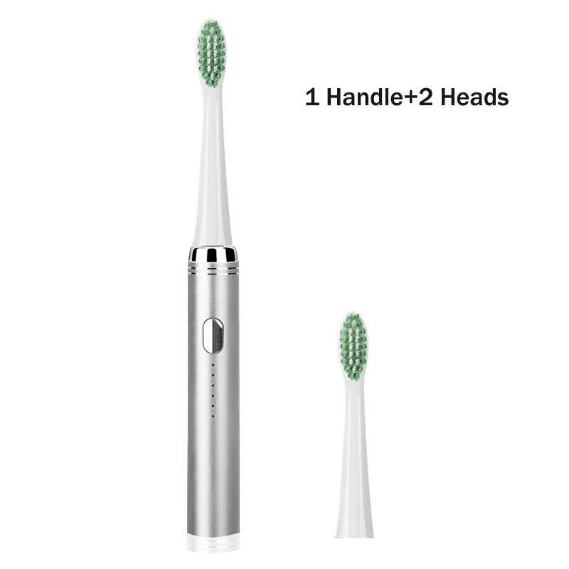 Ultrasonic Electric Toothbrush Adult Set Stainless Steel Waterproof Powerful Electric Toothbrush Sonic USB Charger Whitening: silver 2 heads