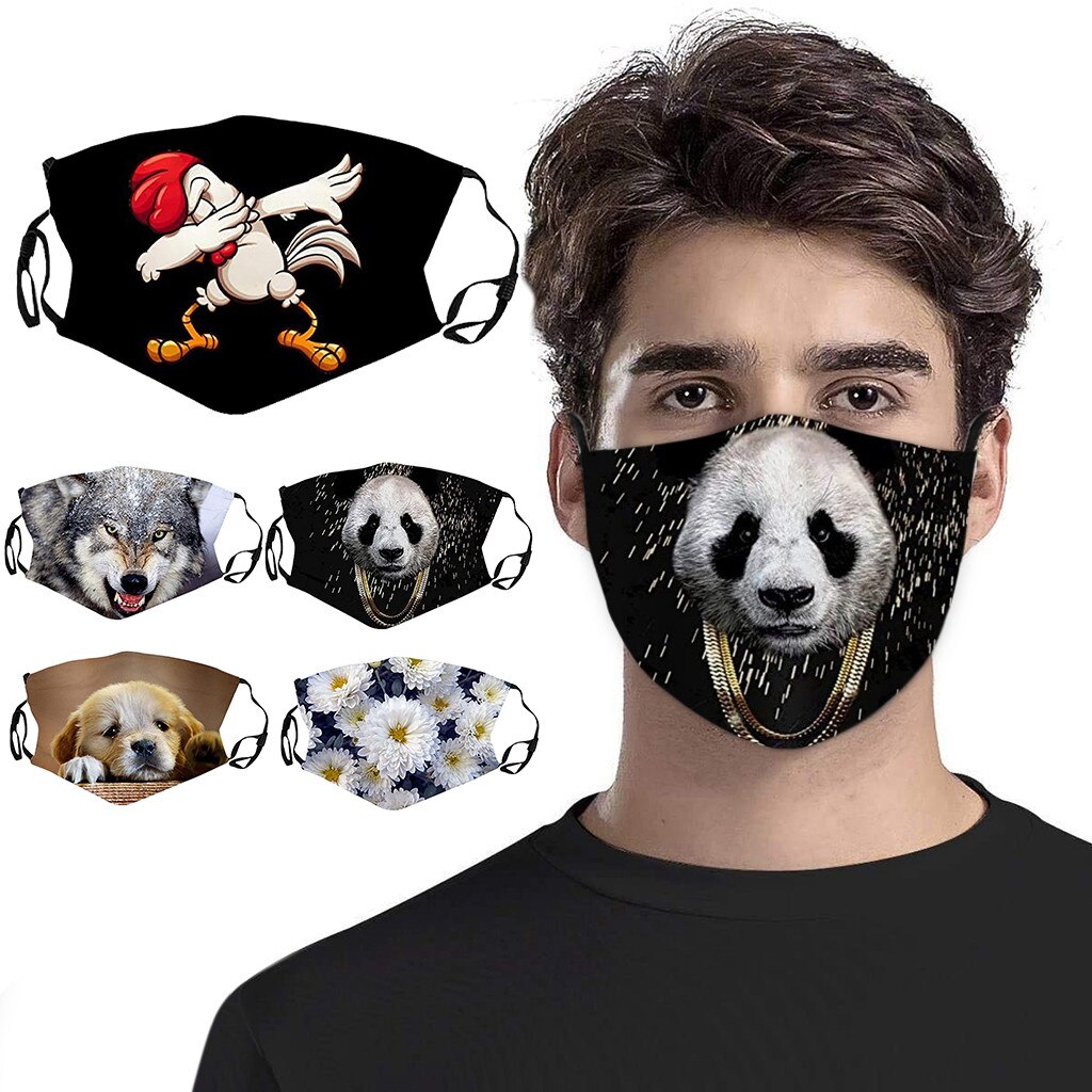 Mascarilla facial de algodón lavable y resistente al viento para hombre y mujer, tapabocas 3D con de oso Panda Lobo estampado, 1 unidad