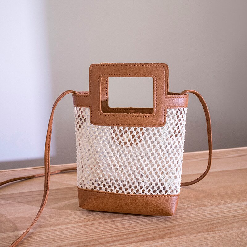 hohl Crossbody Schulter Kleine Tasche lässig gewebte Totes Frauen Eimer Handtasche Gelee praktisch Geldbörse: braun