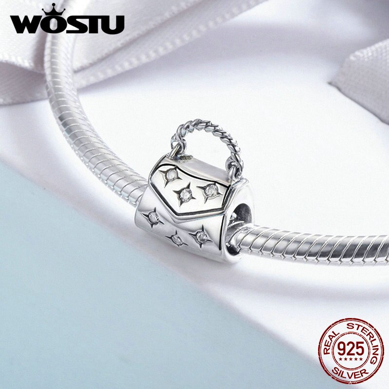 WOSTU 925 Sterling Silver Clear Cubic Zircon Bright Life Handbag Beads Fit For Women Original Brand Bracelet CQC607