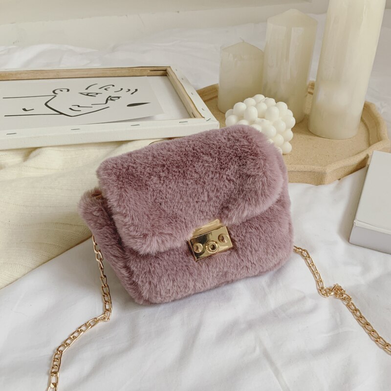 Cute Baby Girls Handbag Party Bag Solid Fur Lock Hasp Chain Belt Shoulder Bag Crossbody Bag Casual Bag