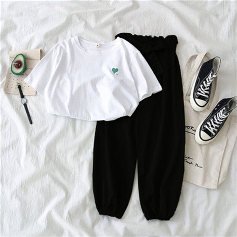 Two Piece Sets Women Spring Summer Casual Female Tracksuit Tops And Pant Suits Harajuku Girl: Black pant / L