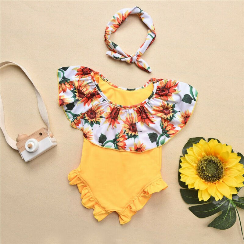 ! Traje de baño de para niño, Chico, niña, girasol, estampado Floral, volantes, traje de baño, mono, Bikini de una pieza con diadema