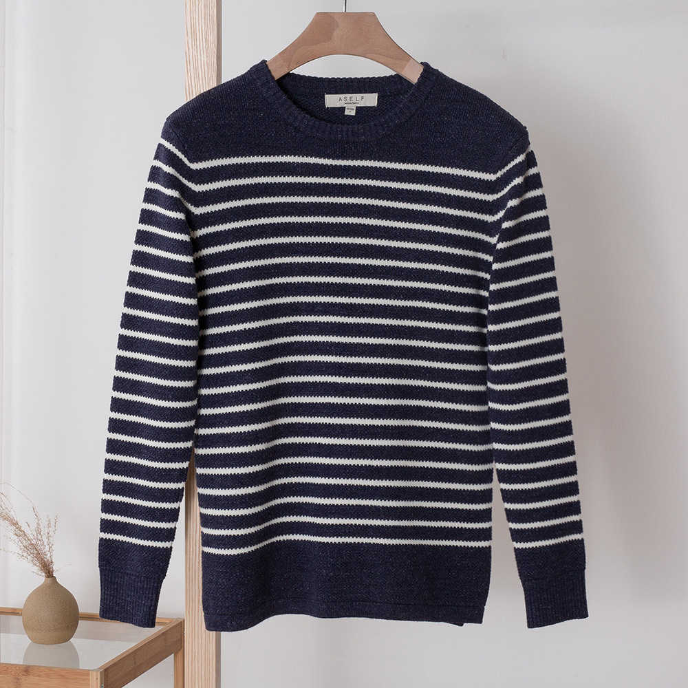 METERSBONWE Winter Men Sweaters Round Neck Striped Sweater: blue / XL