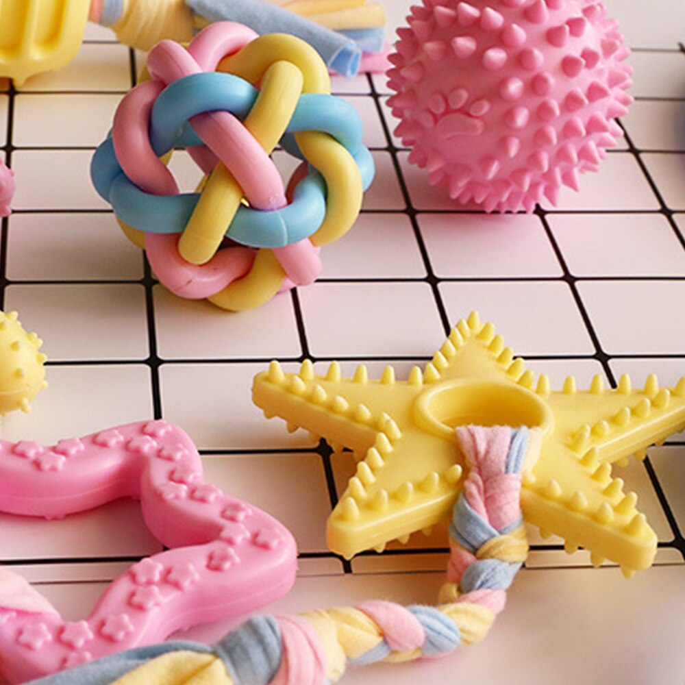 Macaron Rubber Dog Chew Toys Bone Shape Dog Chewing Toys for Large Small Dogs Teeth Clean Interactive Large Puppy Dogs Ball Toy