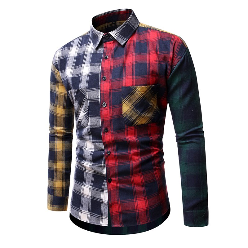 spring plaid patchwork shirts men dress good cotton mens shirts regular fit