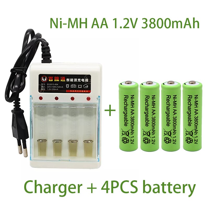 AA 1.2V 3800mAh battery Ni-MH rechargeable battery for Toy Remote control Rechargeable Batteries AA 1.2V battery+Charger: Red