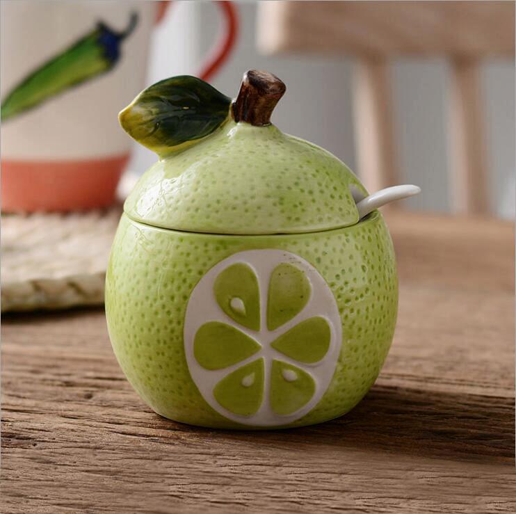 Botella de cerámica creativa para condimentos, tanque de almacenamiento con forma de fruta y melón, suministros de Decoración de cocina y , tazón de azúcar 08143: 4