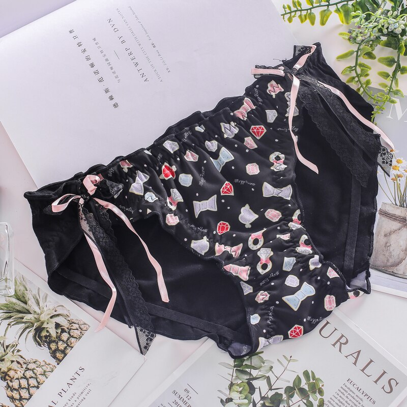 Japanese Lolita Women Sweet Panties candy Print Cute Bowknot Lace Breathable Underwear romantic Teen Girls Kawaii 3 Color Briefs