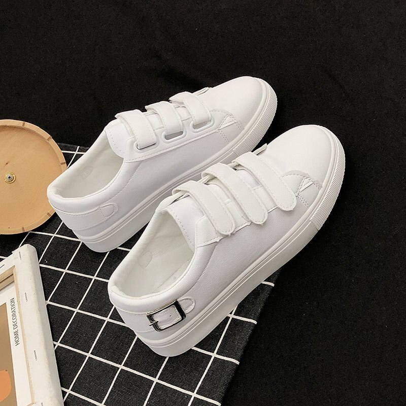 Lucyever casual kardborre skor platt klack dam spänne plattform sneakers kvinna tjock botten utomhus promenadskor dam: Vit / 39