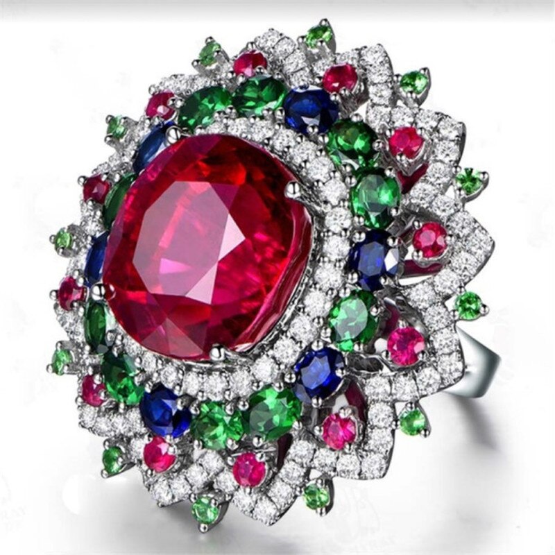 Luxe Femme Zilver Kleur Big Grote Bloem Multicolor Zirkoon Ring Voor Vrouwen Party Bijoux Engagement Bruiloft Sieraden