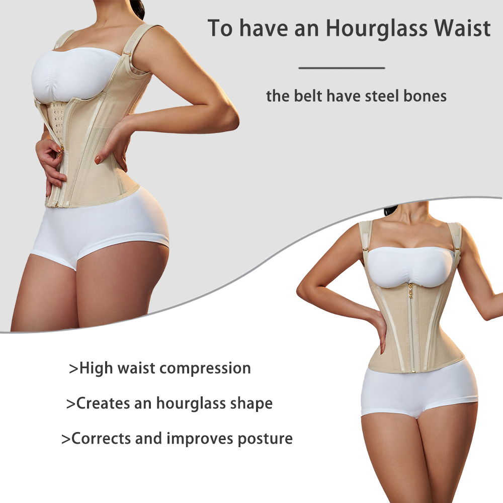 Fajas Colombianas – Corset d'entraînement de taille à Double Compression pour femmes, avec fermeture éclair réglable en os et yeux à crochet, modelant le ventre plat