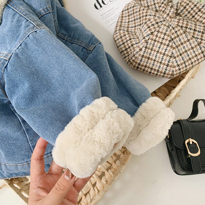 Baby Jungen Mädchen Dicke Warme Denim Jacke Winter Turndown Kragen Tasche Fleece Futter Kinder Herbst Kleidung Oberbekleidung Tops