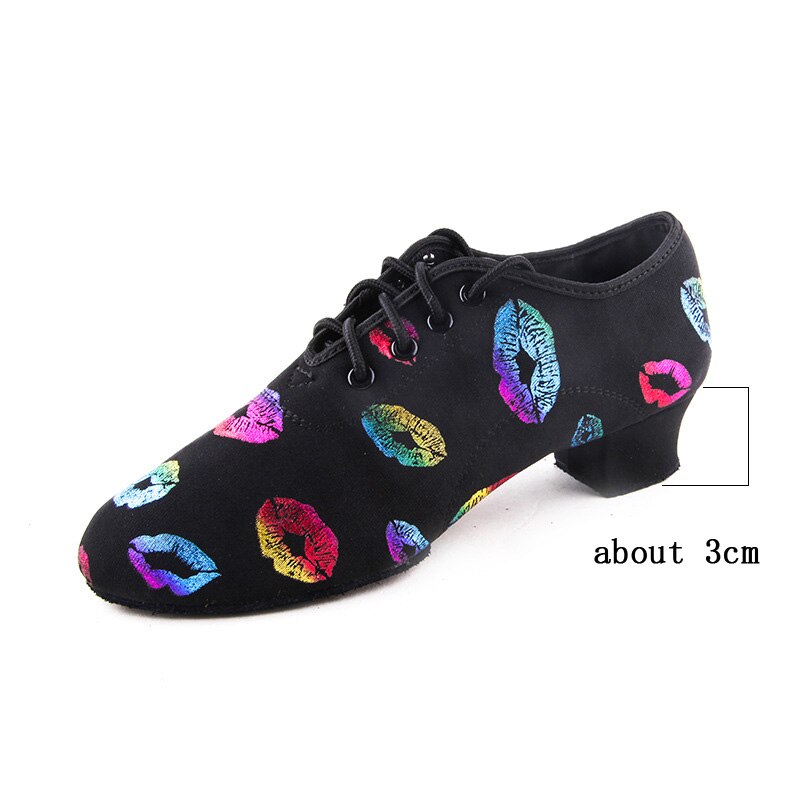High Heel Dance Shoes Sneakers For Women Ballroom Latin Dance Shoes Kids Adult Close Toe 3/5cm Heel Training Shoes Lip Print: 3cm Black / 35