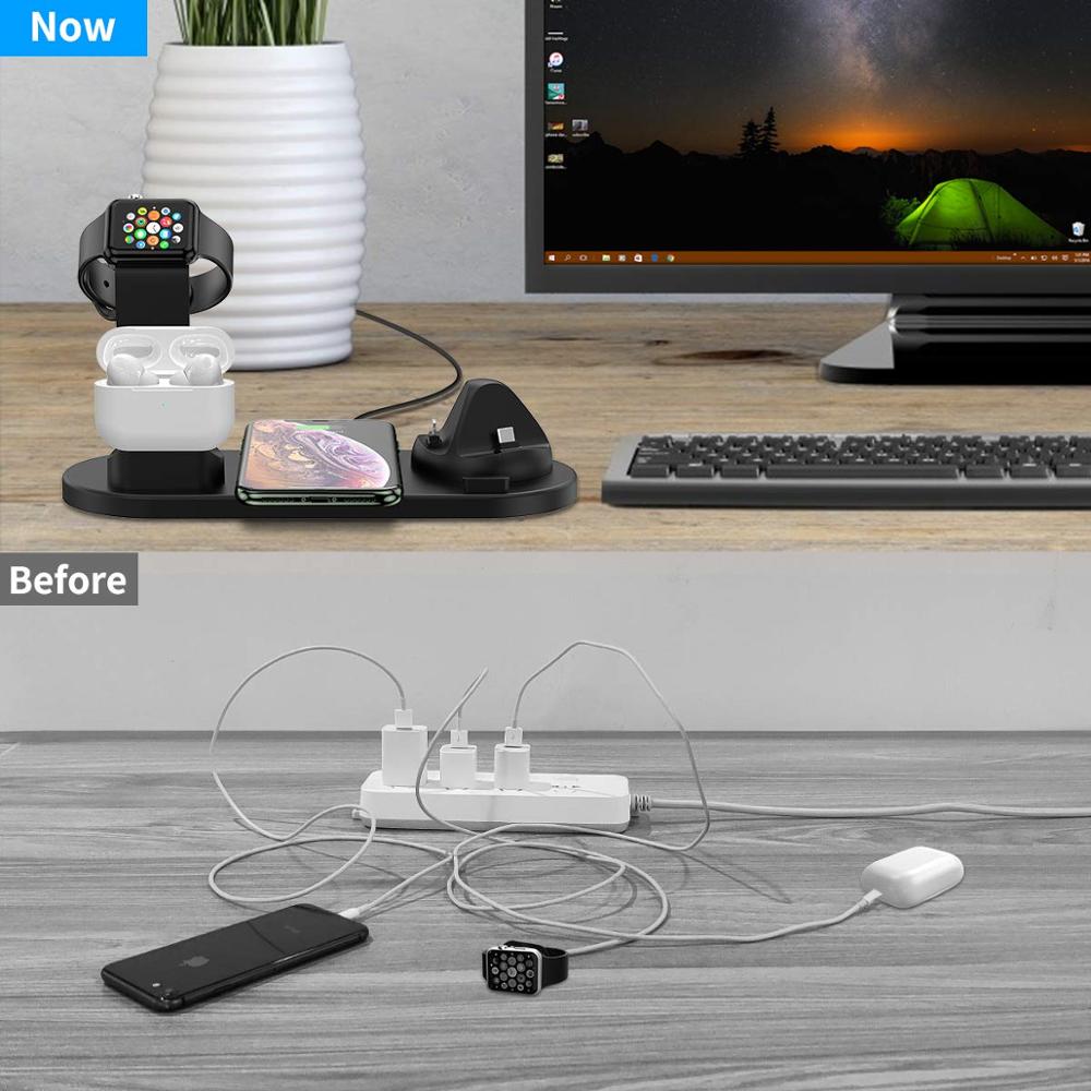4 em 1 estação de carregamento sem fio do carregador do desktop da mesa da doca para dispositivos múltiplos para o relógio da apple airpods iphone micro usb tipo-c
