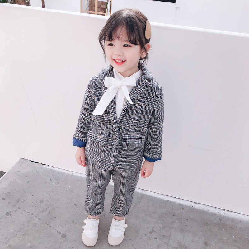 Costumes en coton pour bébé fille de 12 mois à 8 ans, Costume d&#39;école à carreaux, blazer pour enfant en bas âge, ensemble de vêtements pour enfant: GRAY / 3T