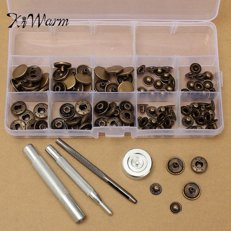 KiWarm On 30 Sets 15 mm Antique Brass Snap Fasteners Popper Press Stud Button Leather Tool Kit Material+ Hand Tool Set
