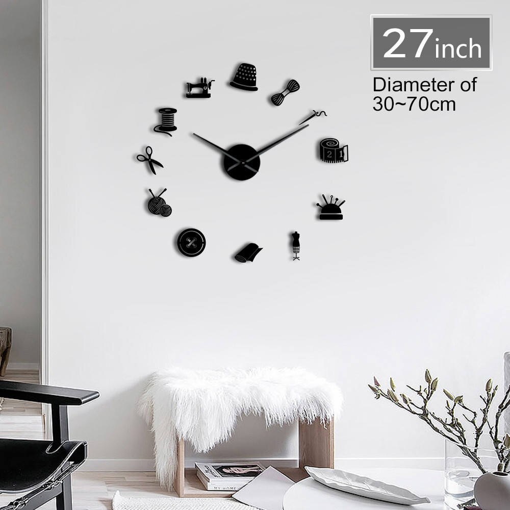 Horloge murale géante effet miroir, outils de couture, création de , décoration de chambre, 3D, horloge sans cadre