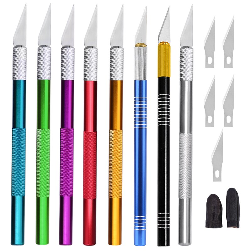 MIUSIE Engraving Cutter With 5pcs Blades And 2pcs Finger Protectors Metal Handle Leather Carving Sculpture Non-Slip Safety Knife