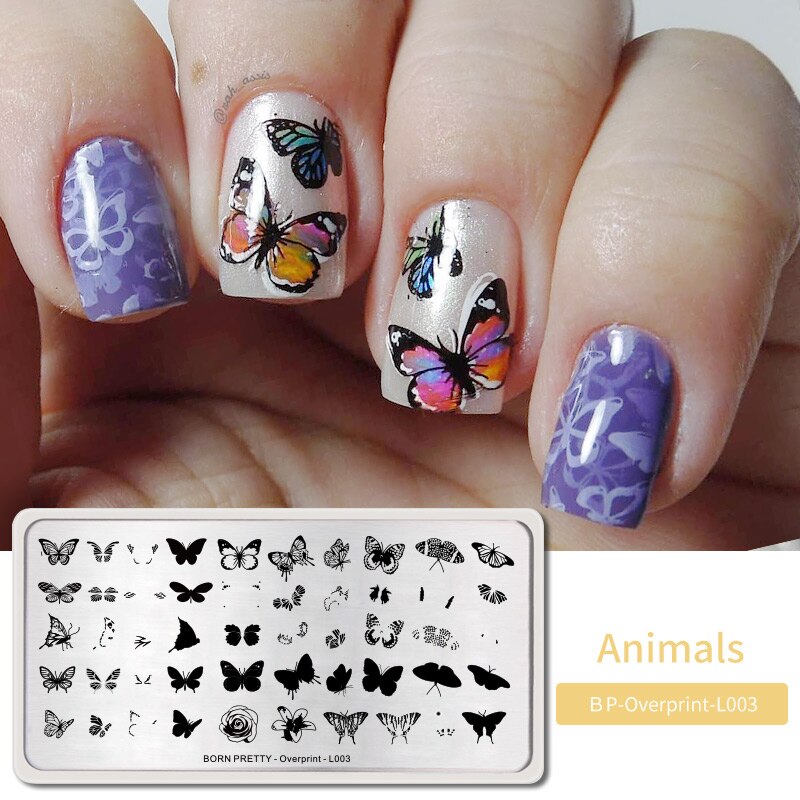 BORN PRETTY-placas para estampación, plantillas de estampado con motivos de animales bonitos, mariposas, manicura rectangular, impresión DIY de placas para uñas: OverprintL003