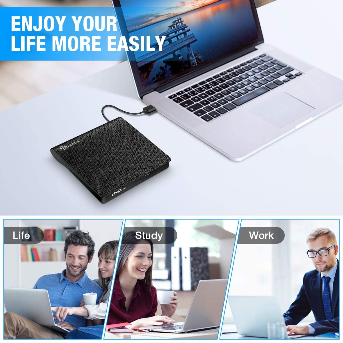 EIVOTOR-Unidad óptica externa USB 3,0, reproductor de DVD-RW, grabador de CD y DVD, compatible con transferencia de datos de 2MB para PC y portátil