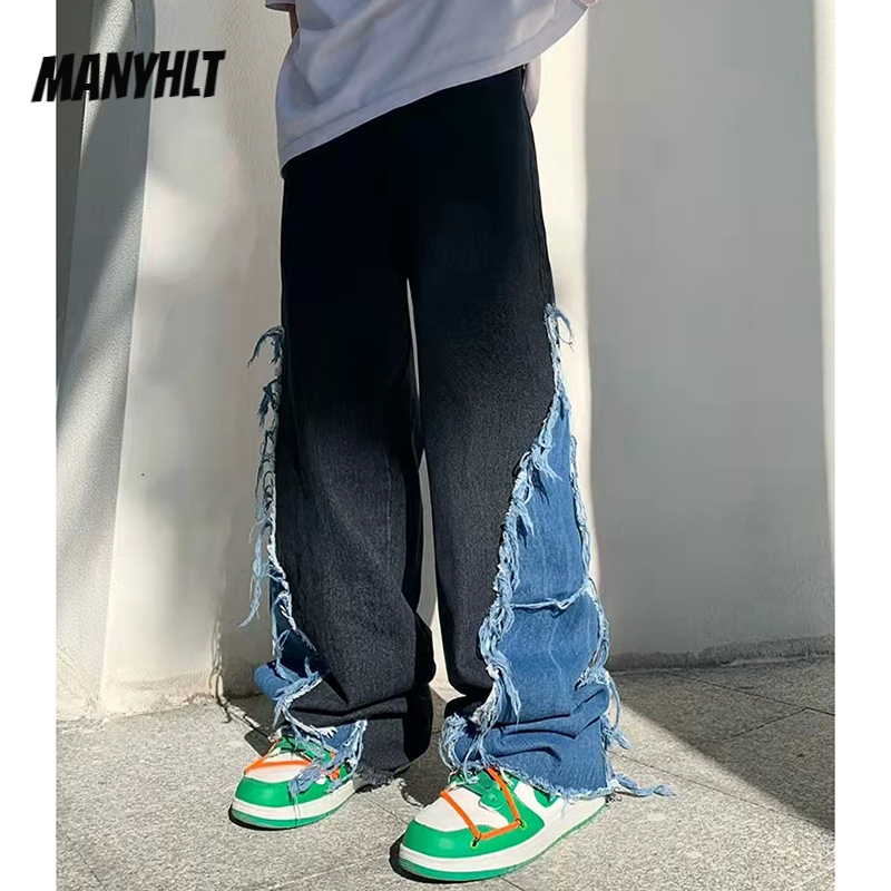 Pantalones acampanados informales y rectos para hombre, ropa de calle holgada, Vaqueros Retro lavados de pareja, Jeans de retazos en el tobillo con borlas rasgadas, Primavera