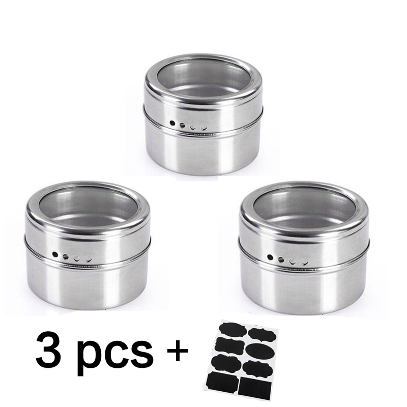 Magnetic Spice Jar Set With Stickers Stainless Steel Spice Storage Tins Container Pepper Seasoning Sprays Tools seasoning bottle: 3 pcs set