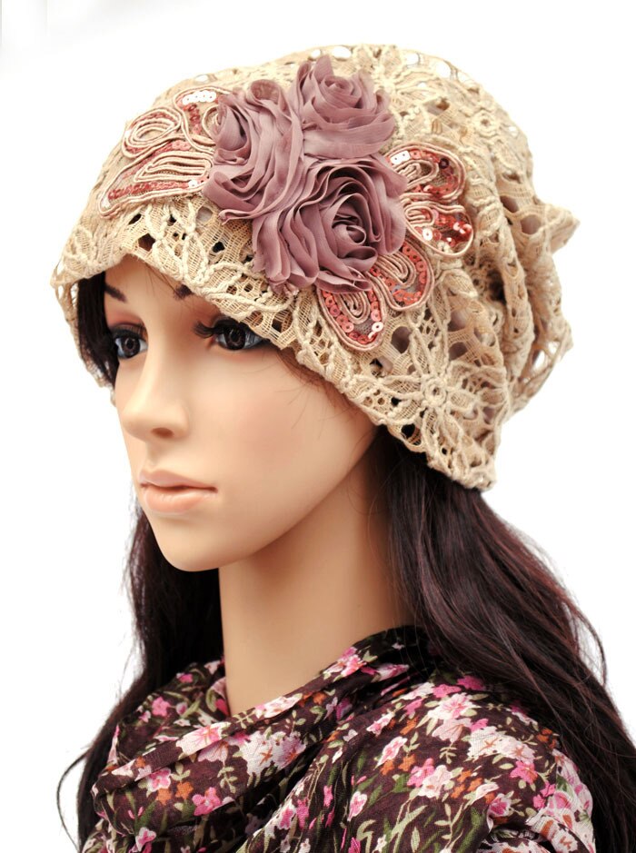 Bonnet femme Pilecap femme printemps et automne dentelle mince poche découpe maille chapeau mois de cap embout turban chapeau couvrant: Beige