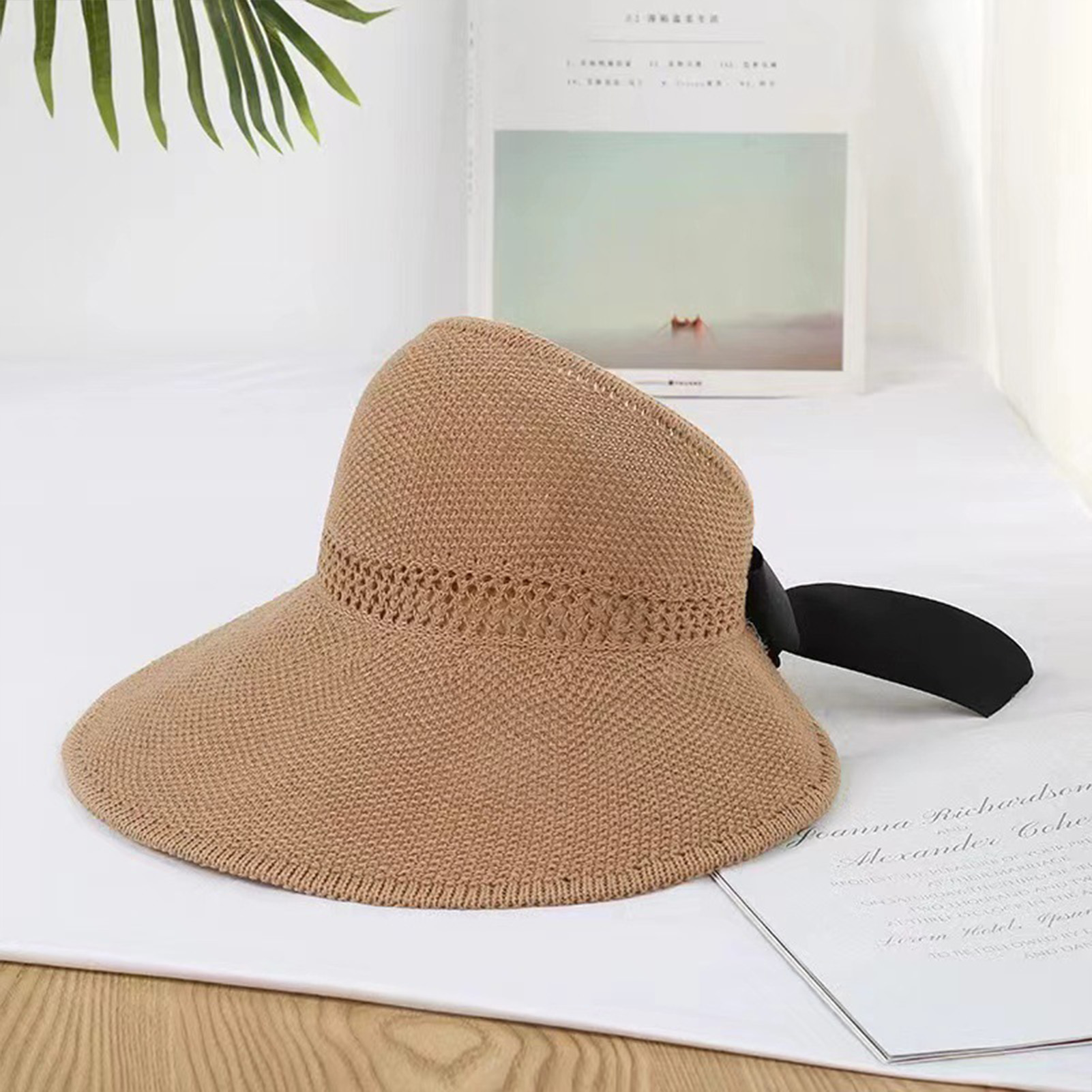 Foldable Women Wide Brim Straw Hat Breathable French Style Sun Hats with Bowknot for Outdoor Travel Photography: Khaki