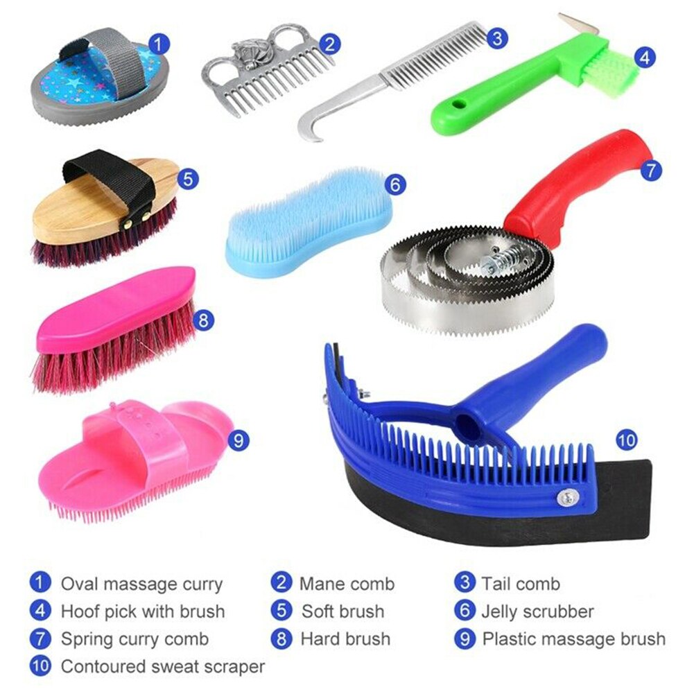 10pcs Grooming Tool Brush Scrubber Curry Mane Tail Horse Cleaning Kit Set Hoof Pick Scraper Massage Comb