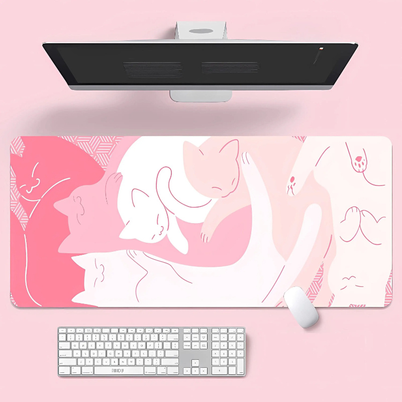 Grand tapis de souris chat rose Kawaii, tapis de souris de jeu mignon, accessoires de bureau antidérapants roses, très approprié aux joueurs et au bureau: 70x30 cm / BLANC
