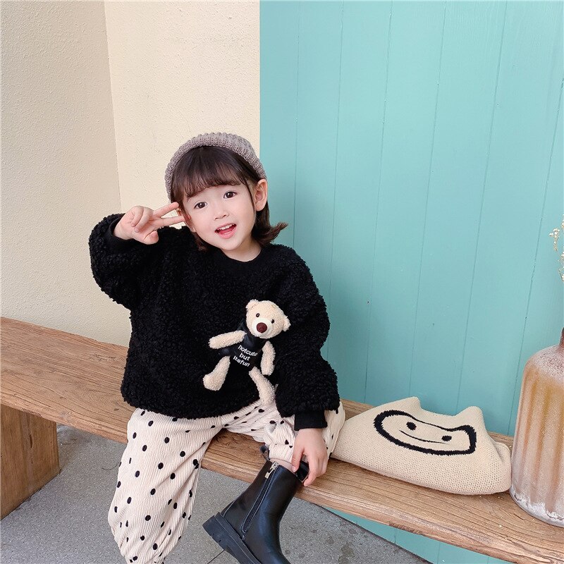 80-130 cm wintermeisjes schattige cartoon beren sweatshirts baby kinderen fleece dikke warme top: Zwart / 130cm